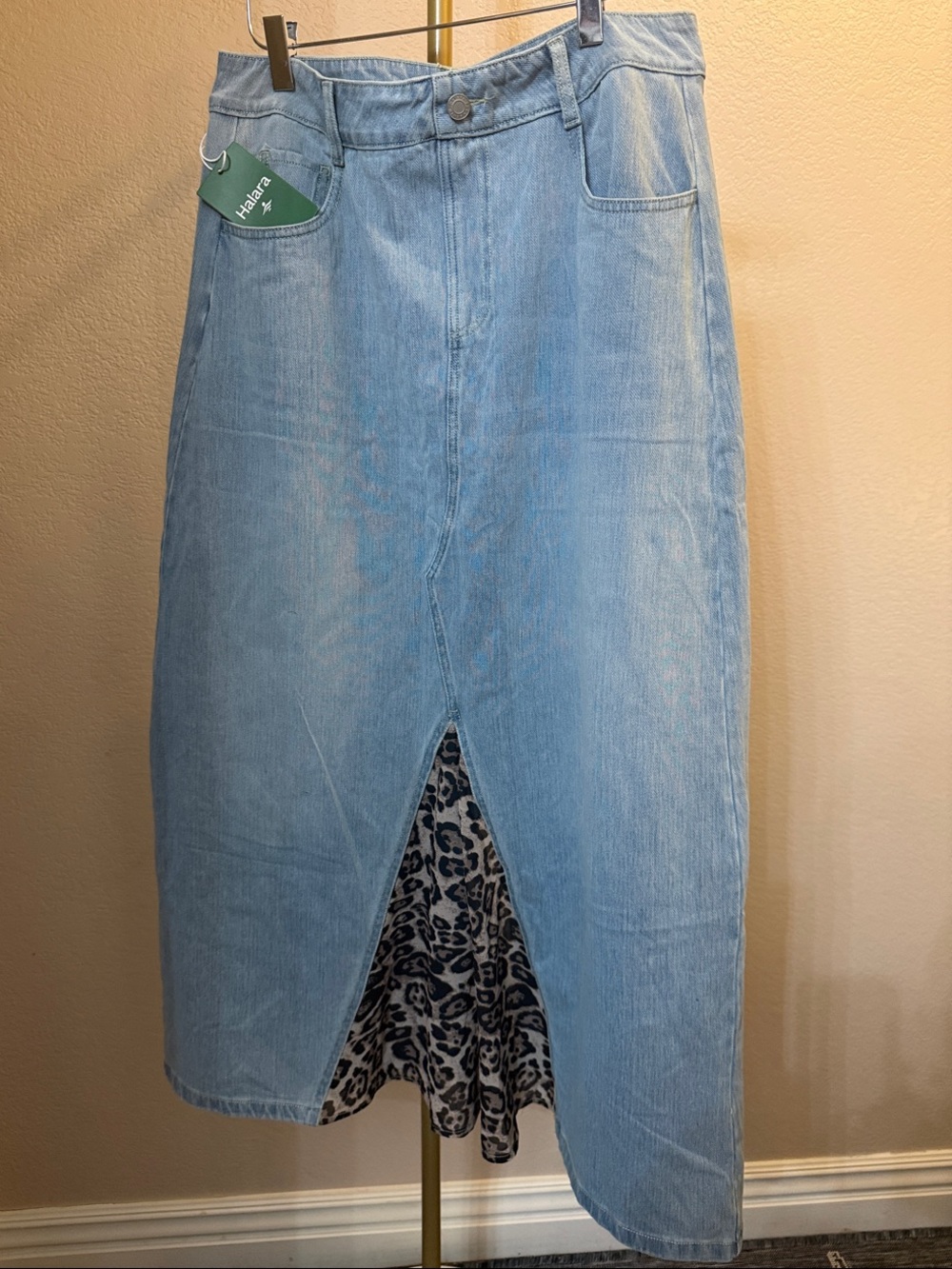Halara Light Blue Medium Denim Midi Skirt with Leopard Inset
